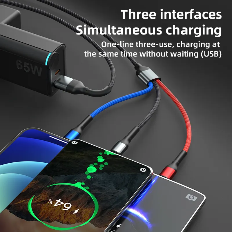 6 in 1 USB A or C to Micro USB, USB C, IOS Cable Fast Charging PD60W 1.2m Nylon Braided (Black)