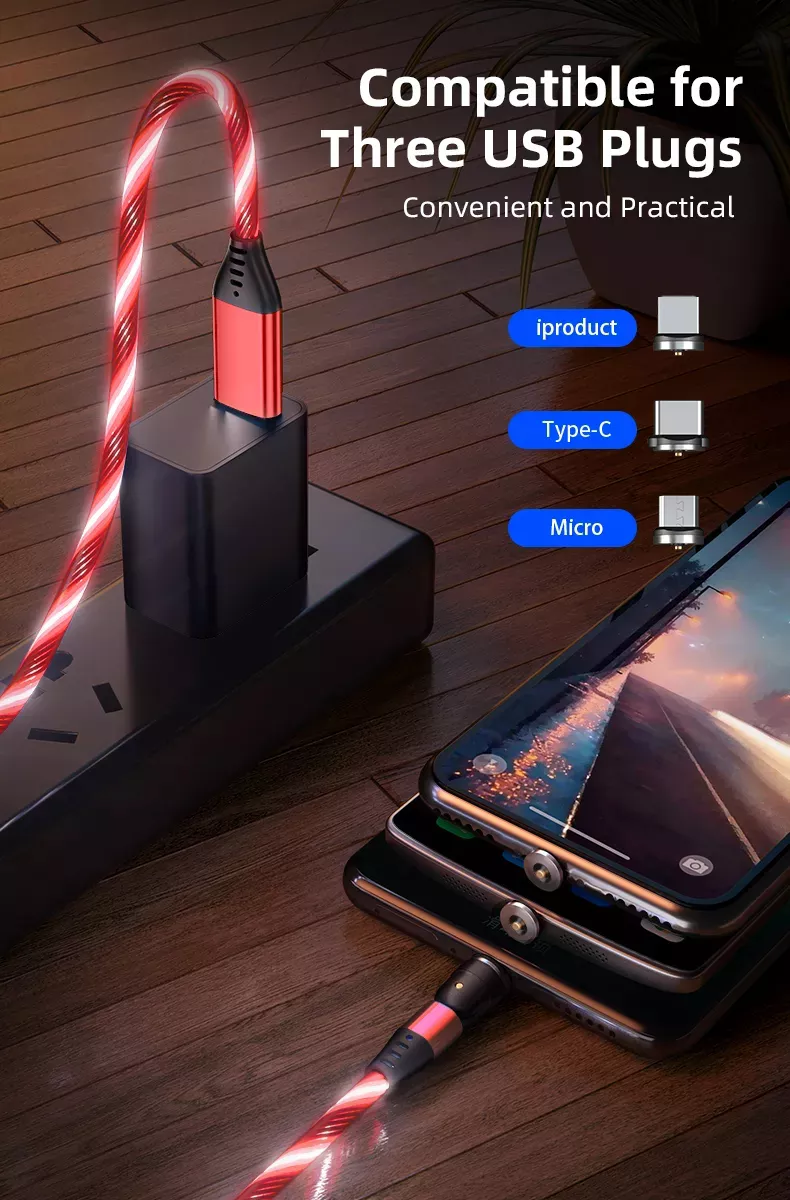 3 in 1 Luminous LED Magnetic Cable 3A Data Fast Charging 540 Rotatable 2m Micro, USB C, IOS (Red)