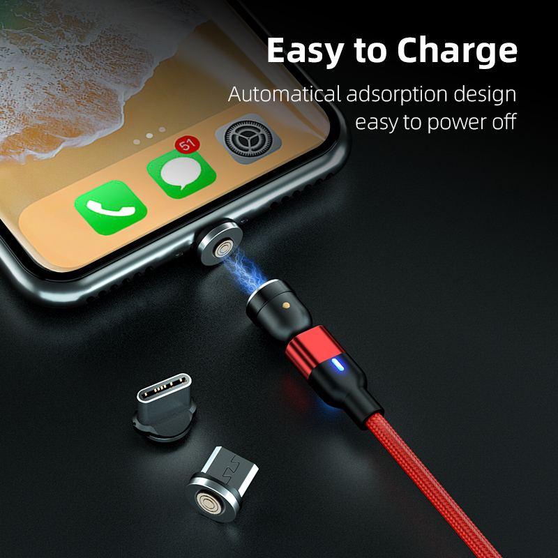 3 in 1 Magnetic Cable 3A Data Fast Charging 540 Rotatable 2m Micro, USB C, IOS Nylon Braided (Red)
