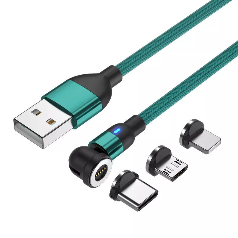 3 in 1 Magnetic Cable 3A Data Fast Charging 540 Rotatable 2m Micro, USB C, IOS Nylon Braided (Green)