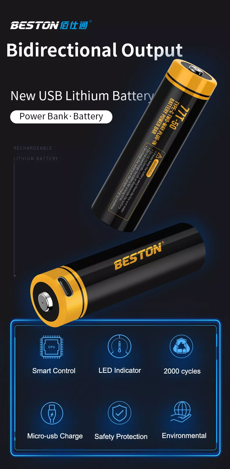 BESTON 21750 USB C Rechargeable Lithium Battery or Power Bank | 3.7V | 5000mAh | 1 Pack