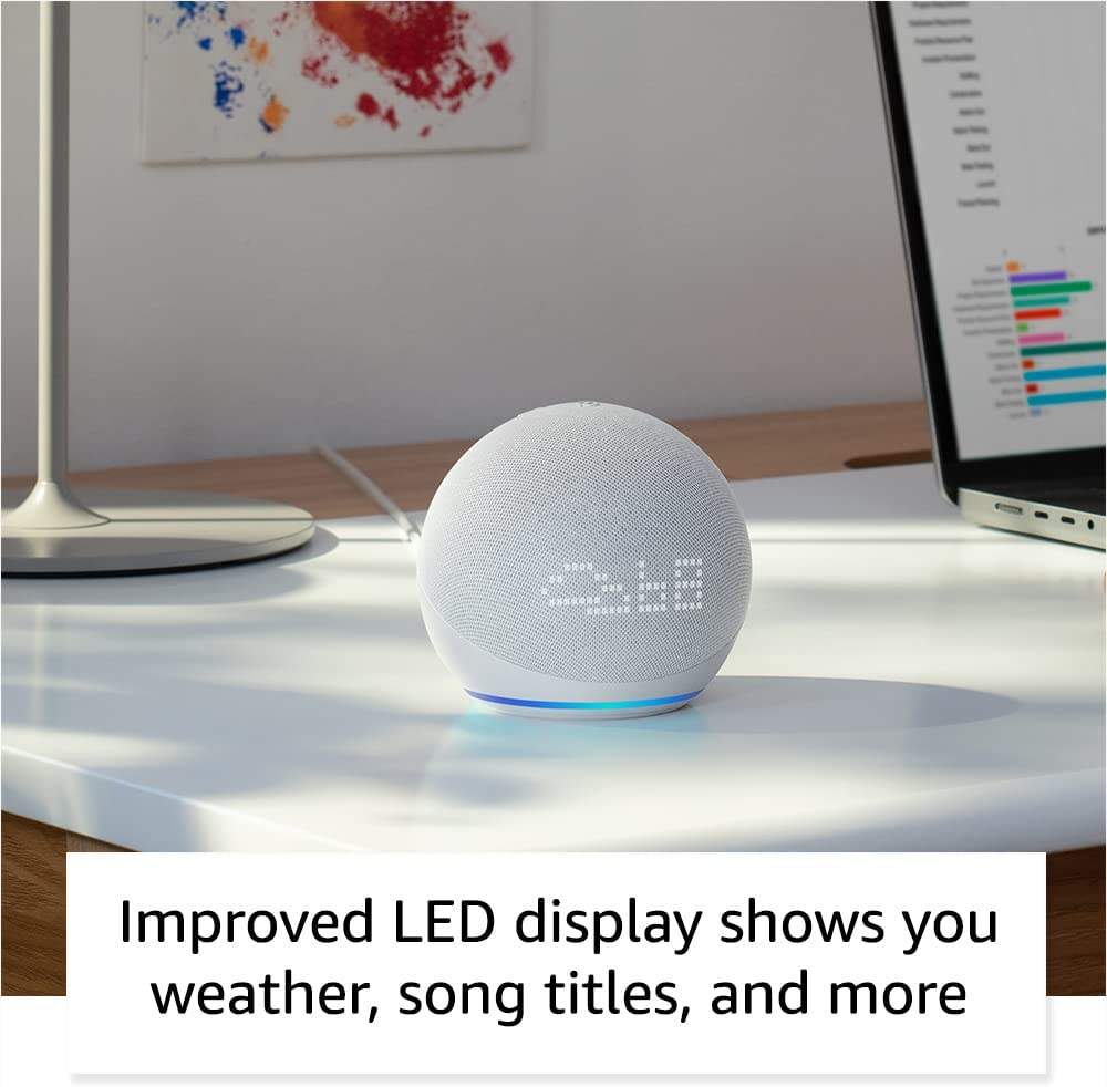 All-New Echo Dot (5th Gen, 2022 release) with clock | Smart speaker with clock and Alexa | Glacier White