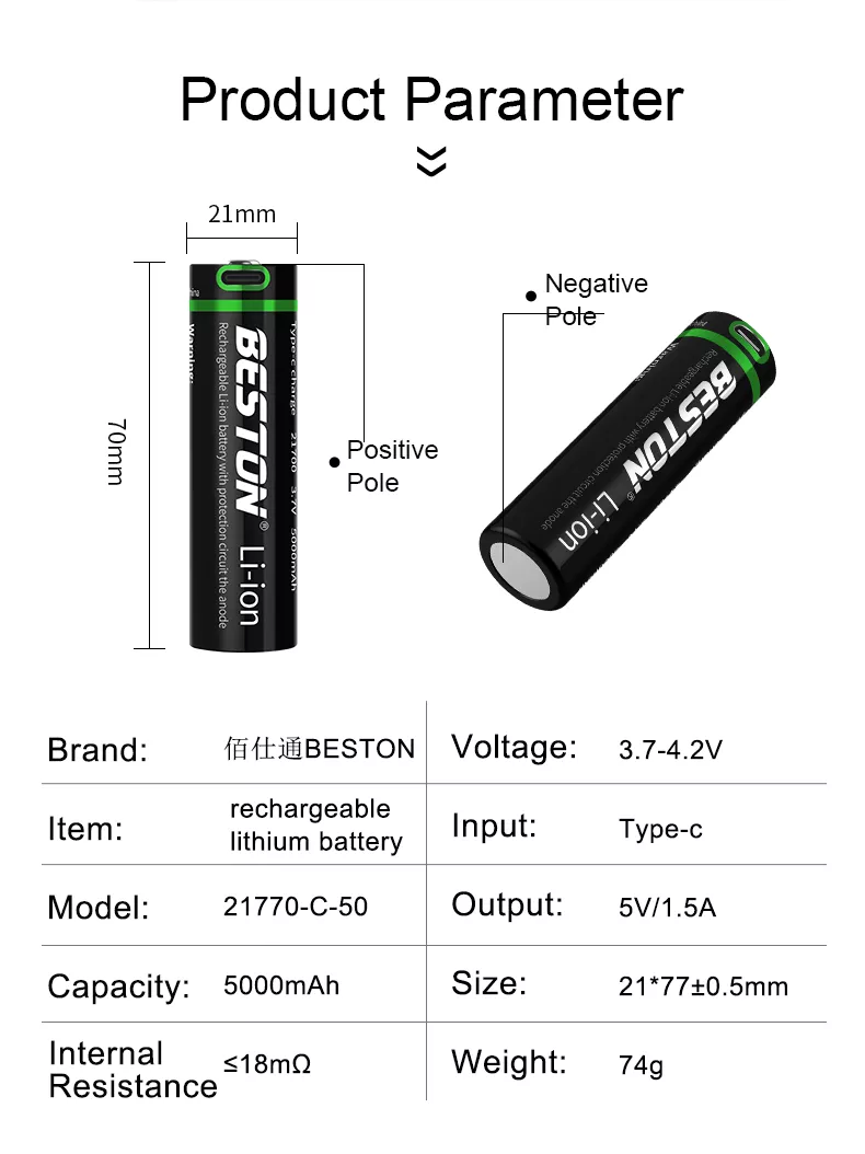 BESTON 21770 USB C Rechargeable Lithium Battery | 3.7V | 5000mAh | 1 Pack