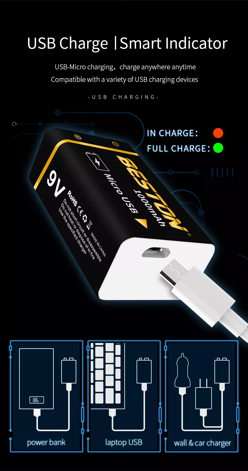BESTON 9V Micro USB Rechargeable Lithium Battery | 9V | 400mAh | 1 Pack