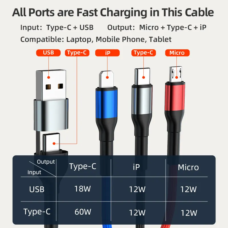 6 in 1 USB A or C to Micro USB, USB C, IOS Cable Fast Charging PD60W 1.2m Nylon Braided (Black)