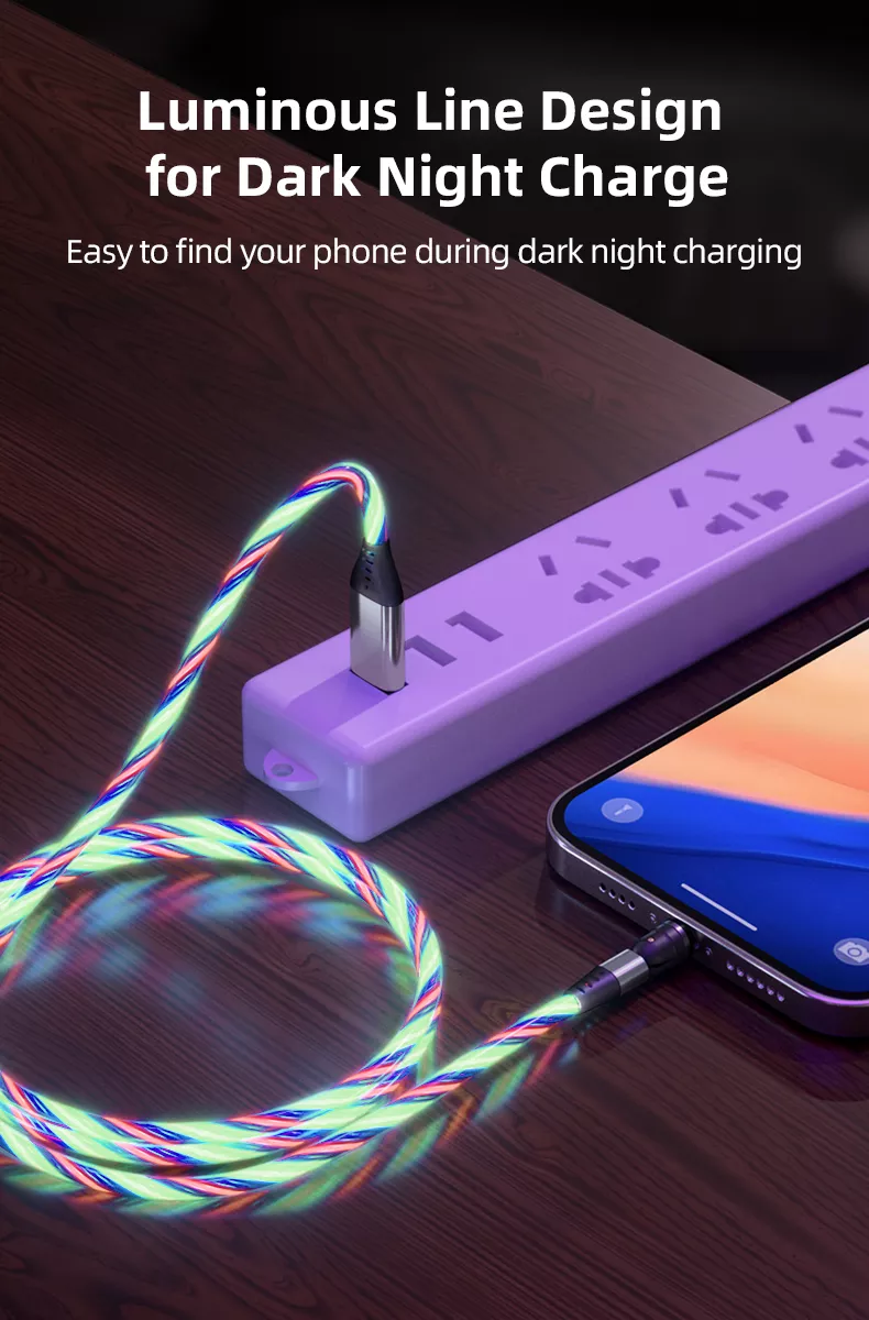 3 in 1 Luminous LED Magnetic Cable 3A Data Fast Charging 540 Rotatable 2m Micro, USB C, IOS (Multi Colour)