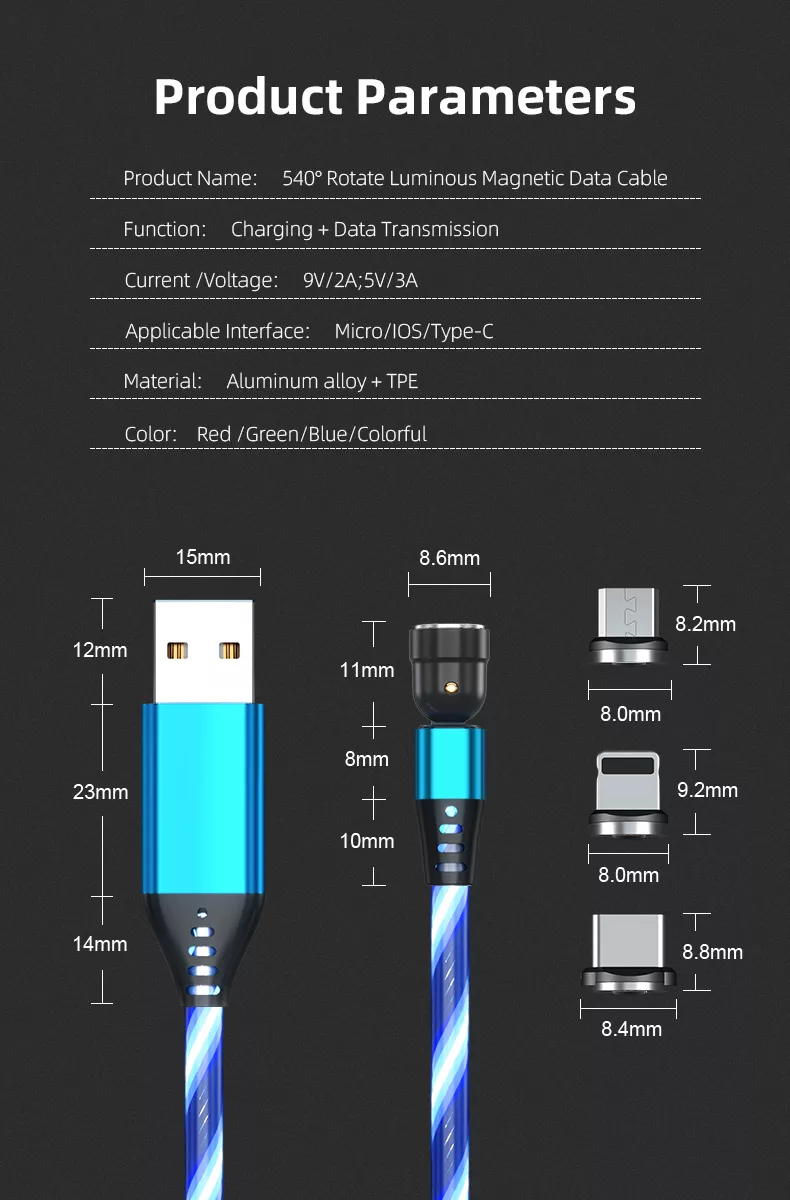 3 in 1 Luminous LED Magnetic Cable 3A Data Fast Charging 540 Rotatable 2m Micro, USB C, IOS (Blue)