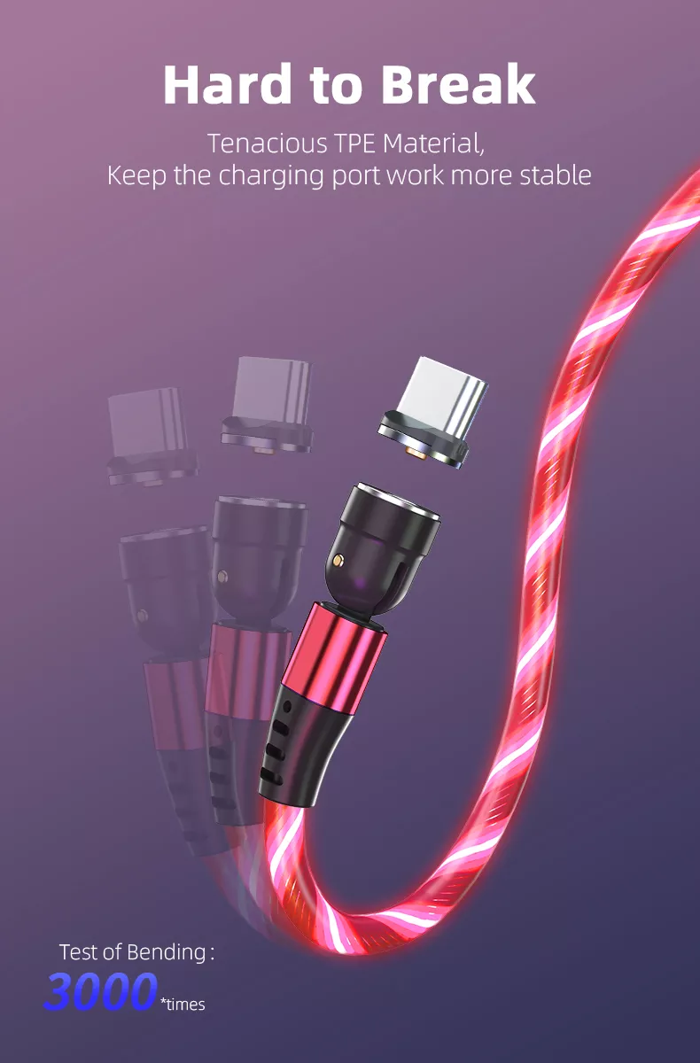 3 in 1 Luminous LED Magnetic Cable 3A Data Fast Charging 540 Rotatable 2m Micro, USB C, IOS (Red)