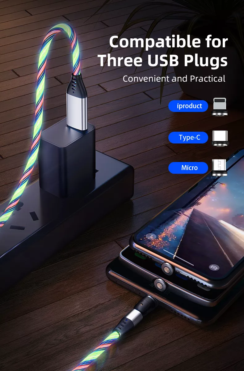 3 in 1 Luminous LED Magnetic Cable 3A Data Fast Charging 540 Rotatable 2m Micro, USB C, IOS (Multi Colour)