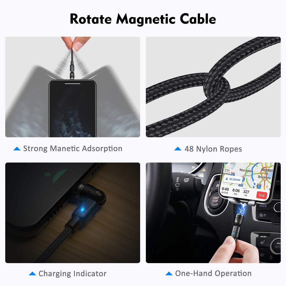 3 in 1 Magnetic Cable 3A Data Fast Charging 540 Rotatable 2m Micro, USB C, IOS Nylon Braided (Black)