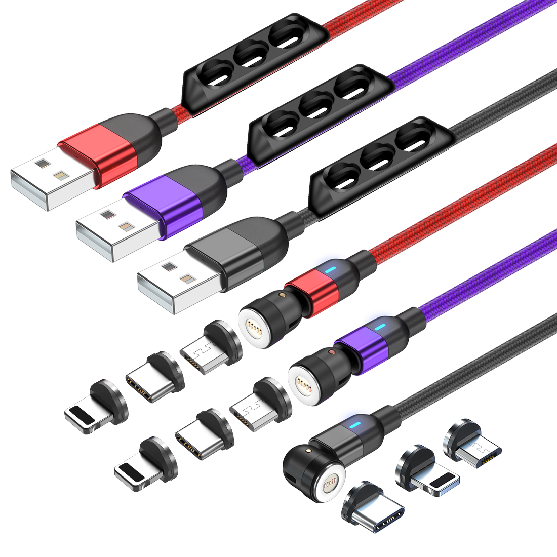 3 in 1 Magnetic Cable 3A Data Fast Charging 540 Rotatable 2m Micro,USB C, IOS Nylon Braided (Purple)
