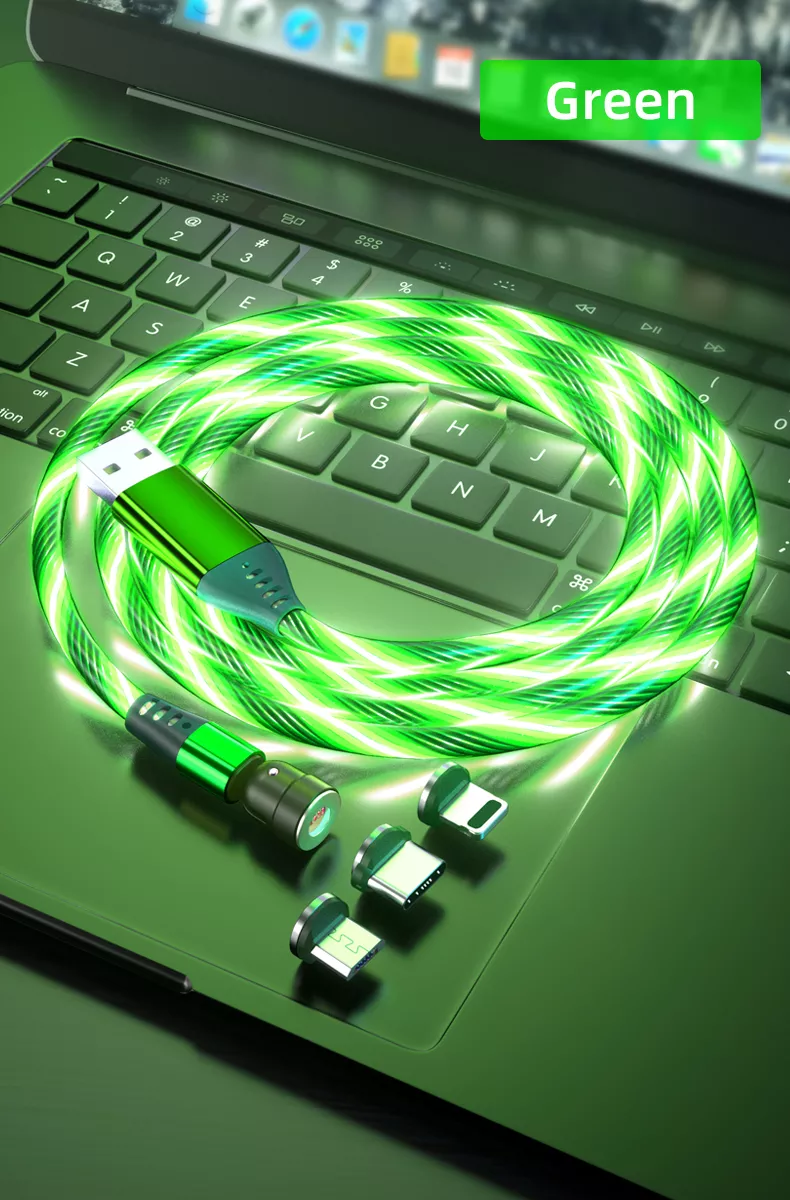 3 in 1 Luminous LED Magnetic Cable 3A Data Fast Charging 540 Rotatable 2m Micro, USB C, IOS (Green)