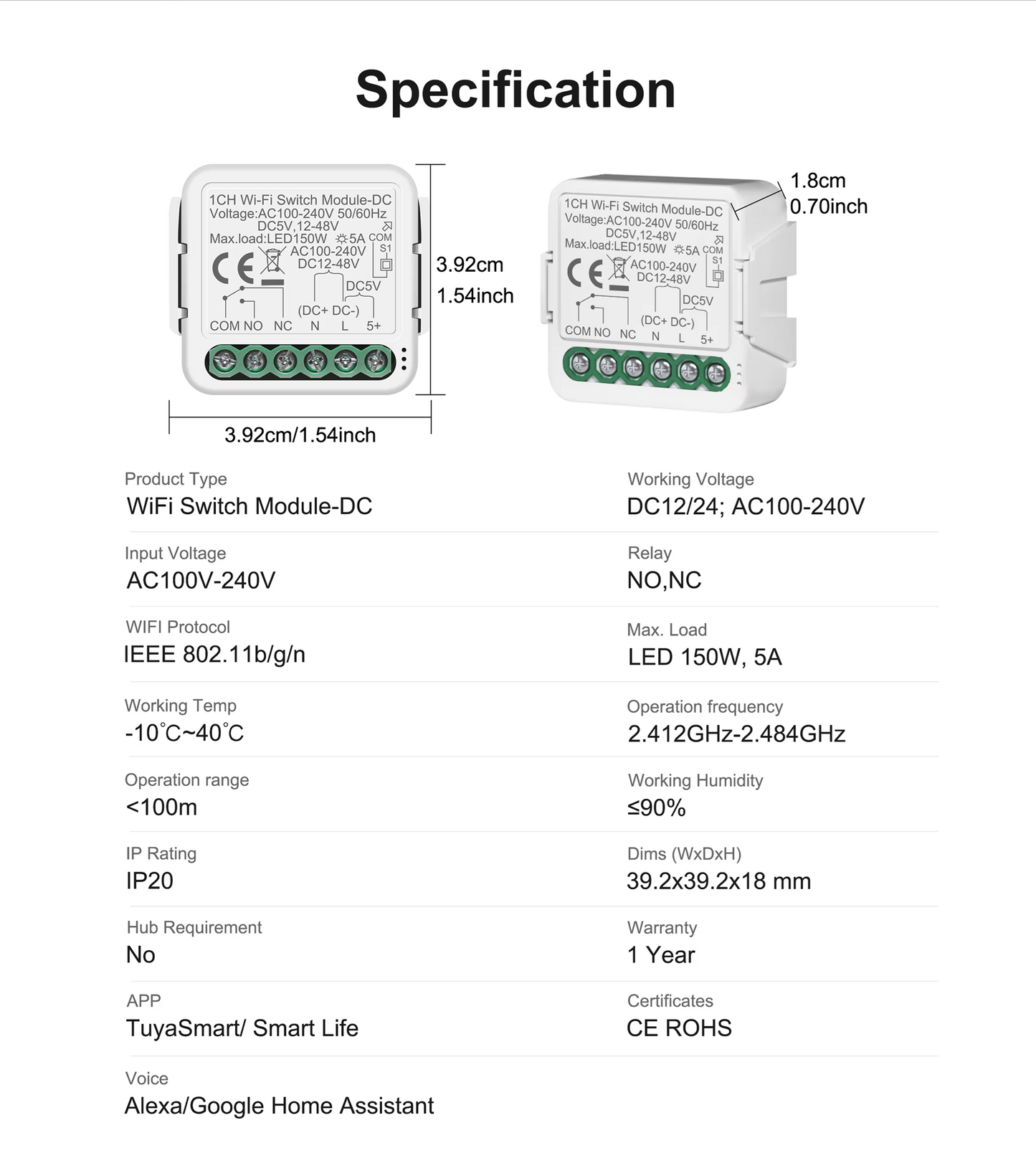 Smart Life Tuya WIFI 1CH 150W LED Light / 5A 1000W Appliance Neutral Mini AC/DC Switch | Dry Contact