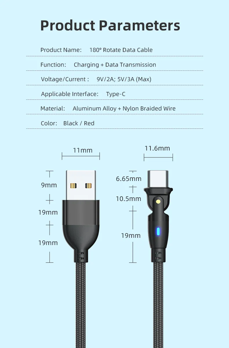 USB A to USB C Cable 3A 180° Rotatable Data Fast Charging 3m Nylon Braided (Black)