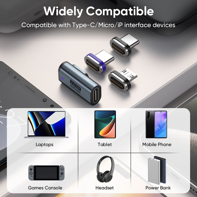 USB-C to USB-C Magnetic L Adaptor | USB4 40Gbps 8K |240W 48V 5A Data Transfer Fast Charging | Silver