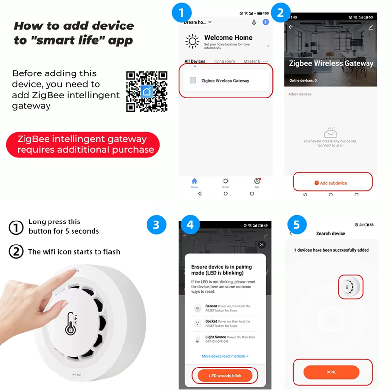 Smart Life Tuya Zigbee Smoke Temperature Humidity Detector Sensor w/ 80db Alarm Sound Speaker | 3V