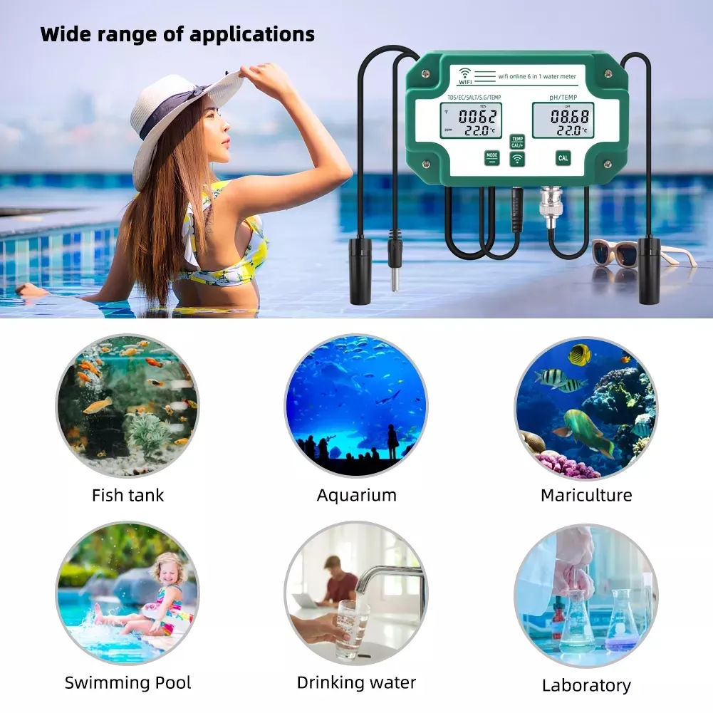 WIFI Control Smart Life Tuya Water Quality Detector 6 IN 1 TDS/EC/PH/Salinity /G.S/Temperature Tester PH Meter