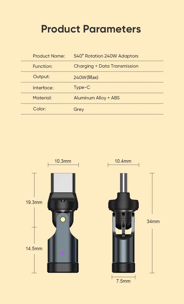 USB C to USB C Adaptor | 240W 48V 5A | Data Transfer Fast Charging | 360° 180° Rotatable | Black