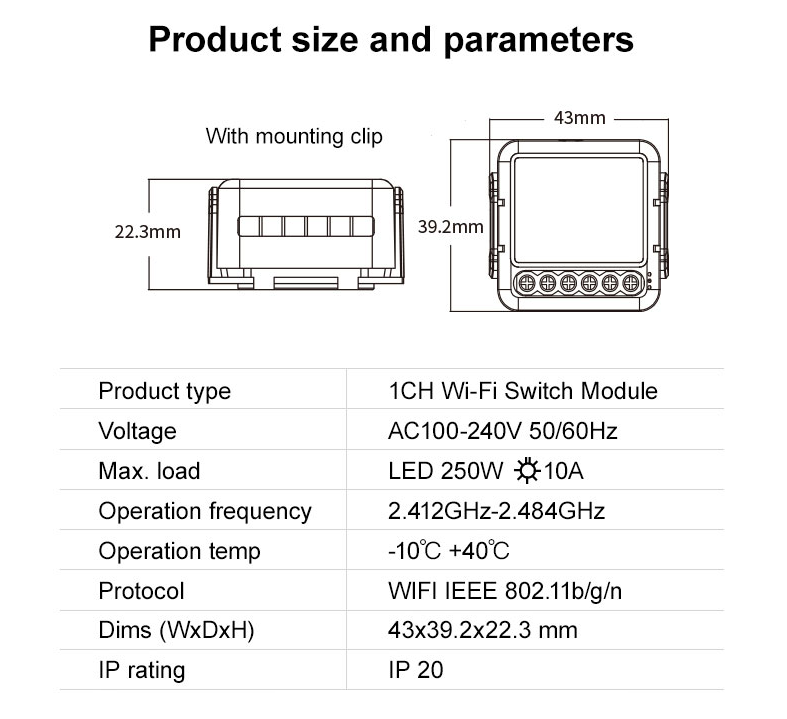 Smart Life Tuya WIFI 1CH 250W LED Light / 10A 2200W Appliance Neutral Mini Switch
