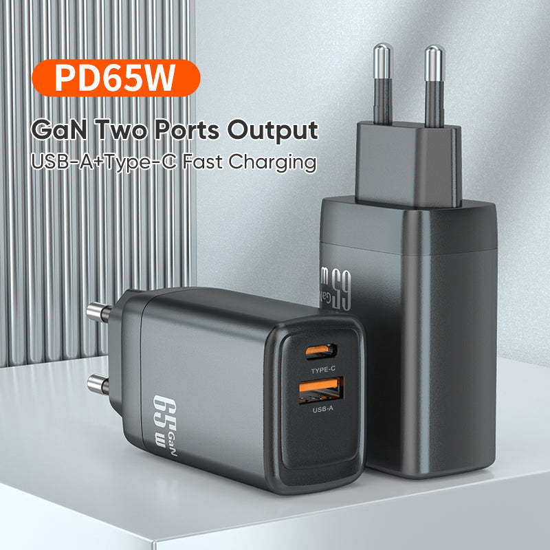 Dual‑Port 65W GaN Fast Charger | Type‑C PD + USB‑A QC Wall Charger | Black