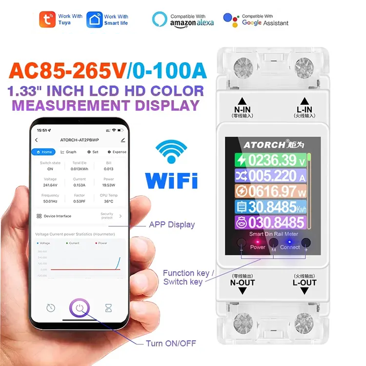 Smart Life Tuya WIFI Switch 100A 265V w/ Power Consumption Energy Monitoring Prepaid Meter