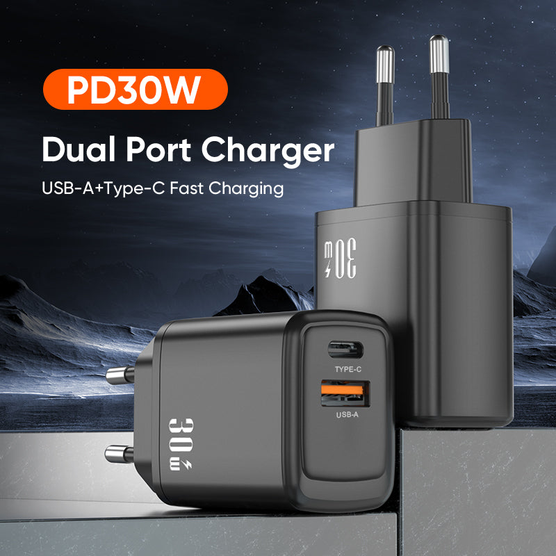 Dual‑Port 30W Fast Charger | Type‑C PD + USB‑A QC Wall Charger | Black