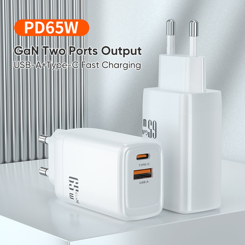 Dual‑Port 65W GaN Fast Charger | Type‑C PD + USB‑A QC Wall Charger | White
