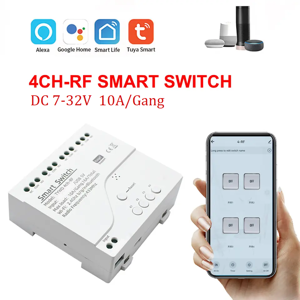 Smart Life Tuya WIFI 4CH 5V / 7-32V Door Gate Garage Opener Inching Relay Module w/ RF433Mhz