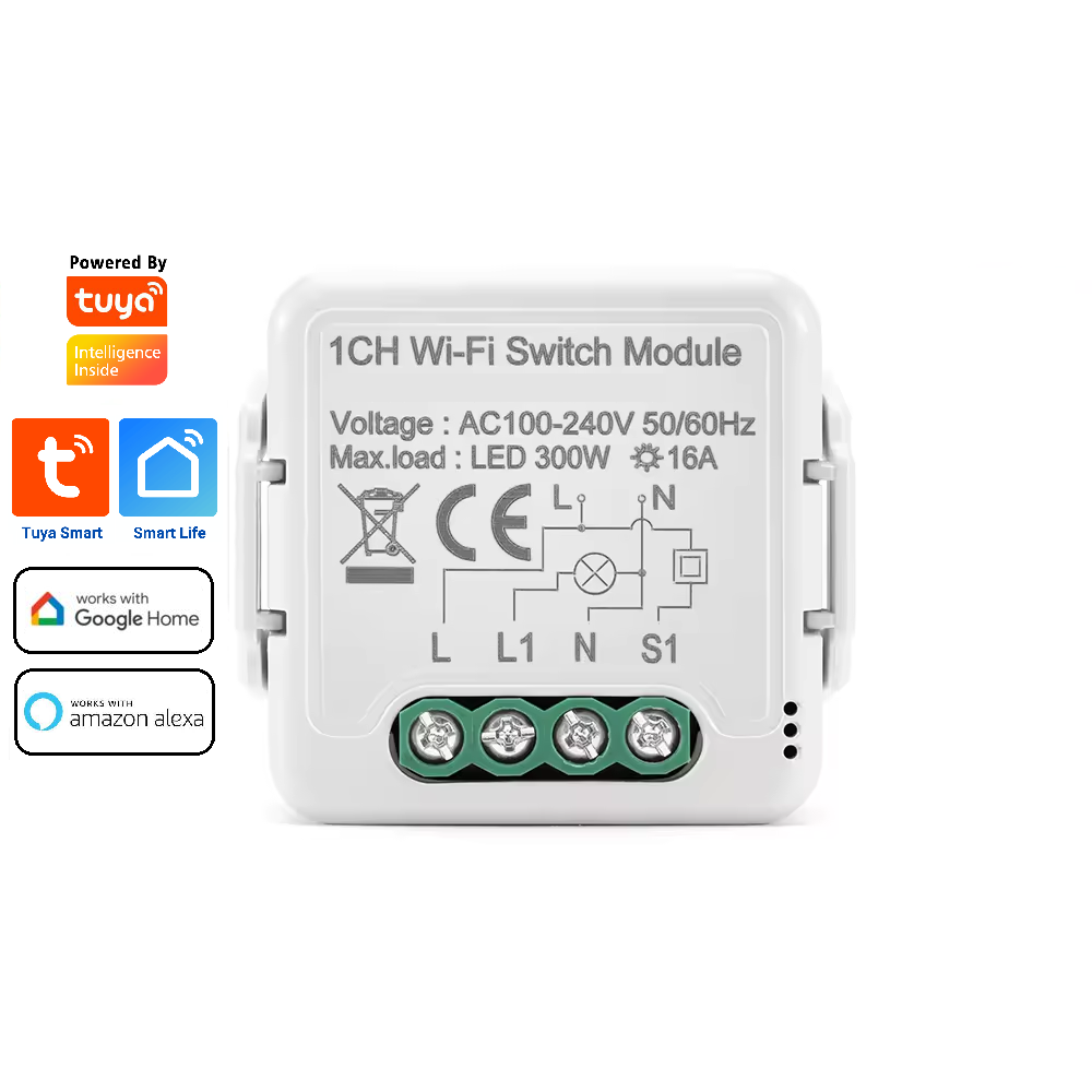 Smart Life Tuya WIFI 1CH 300W LED Light / 16A 3500W Appliance Neutral Mini Switch