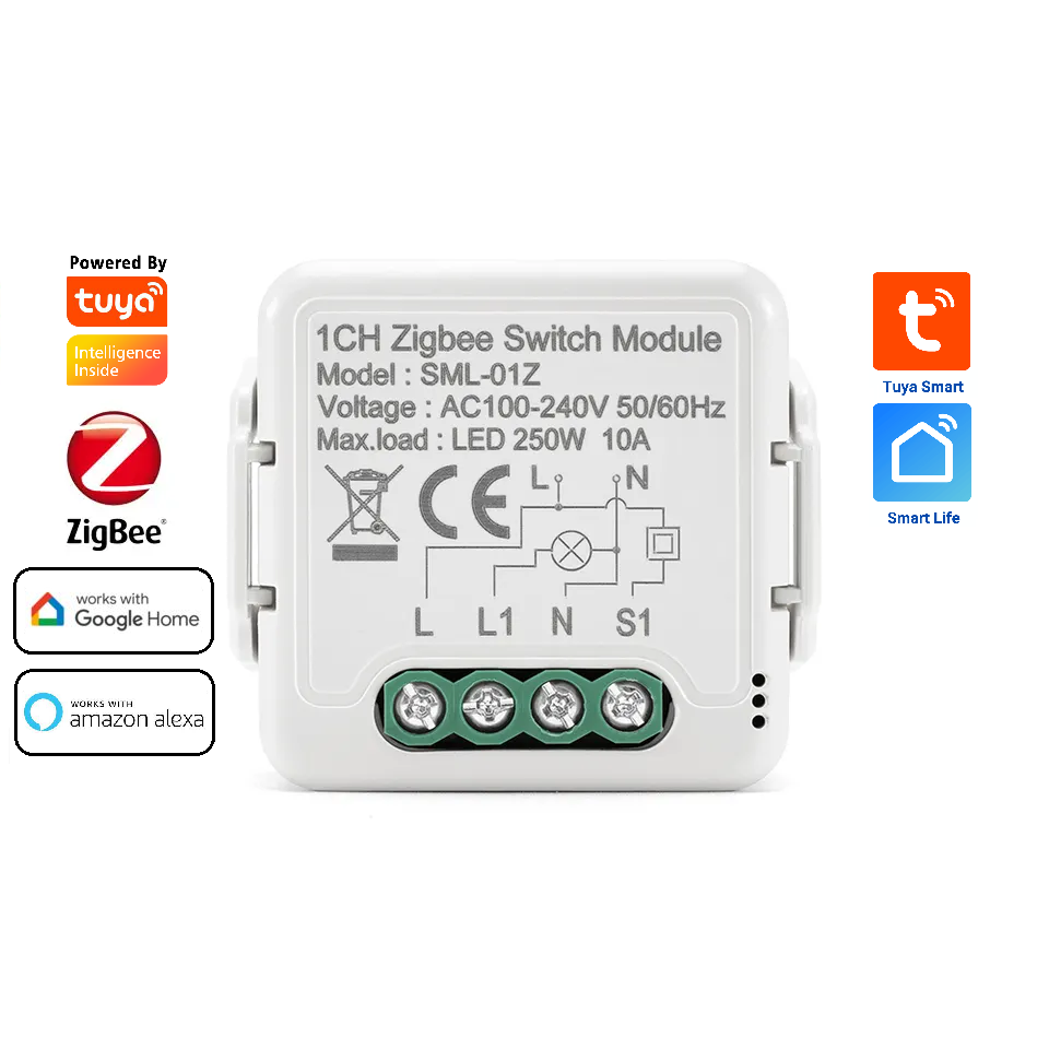 Smart Life Tuya Zigbee 1CH 250W LED Light / 10A 2200W Appliance Neutral Mini Switch