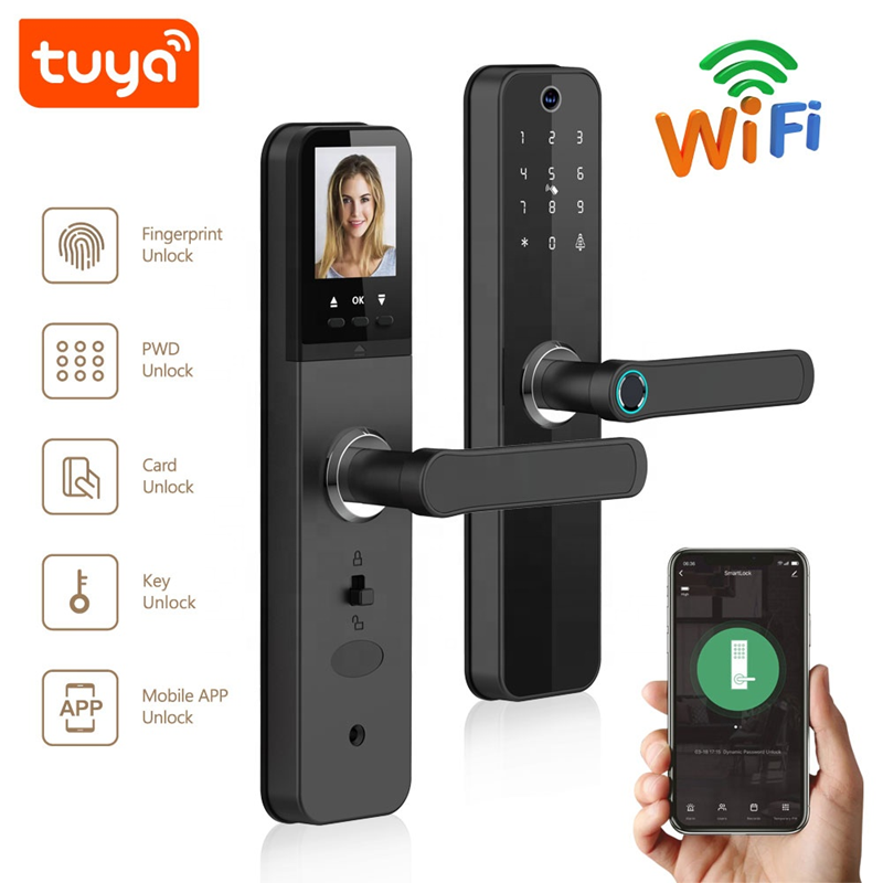 Smart Life Tuya WIFI Door Handle Fingerprint Keypad Card Doorbell Lock HR08P (Black)