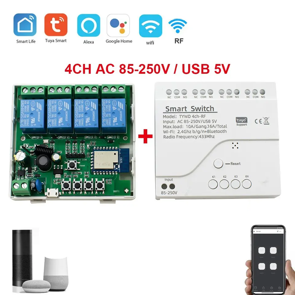 Smart Life Tuya WIFI 4CH 5V / 85-250V Door Gate Garage Opener Inching Relay Module w/ RF433Mhz