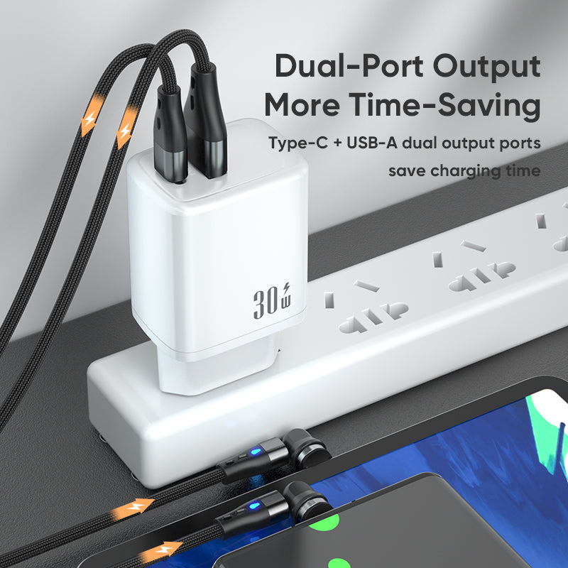 Dual‑Port 30W Fast Charger | Type‑C PD + USB‑A QC Wall Charger | White