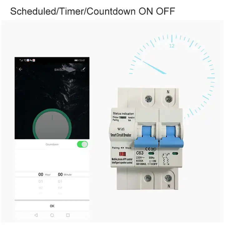 Smart Life Tuya WIFI 2P 230V 63A 13800W 13.8KW MCB Switch Circuit Breaker with Power Monitoring