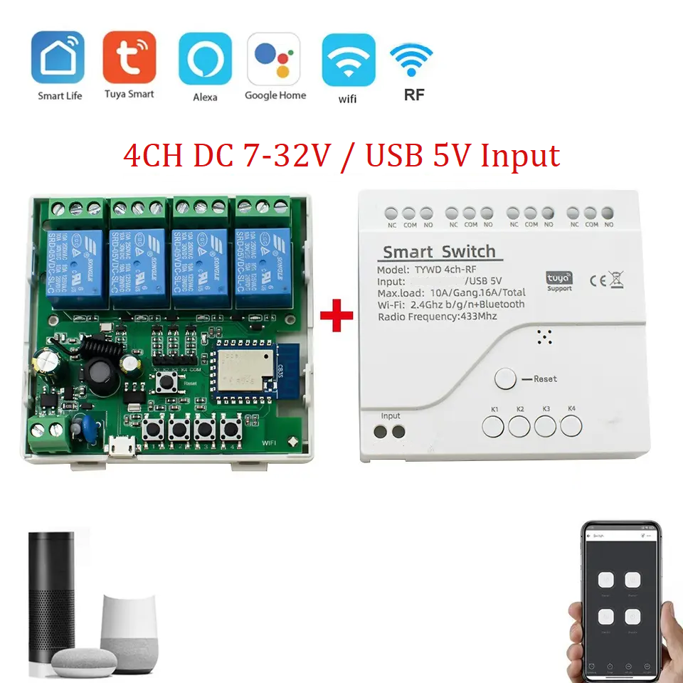 Smart Life Tuya WIFI 4CH 5V / 7-32V Door Gate Garage Opener Inching Relay Module w/ RF433Mhz