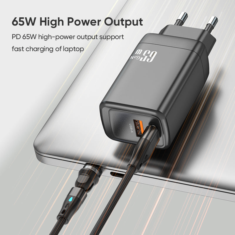 Dual‑Port 65W GaN Fast Charger | Type‑C PD + USB‑A QC Wall Charger | Black
