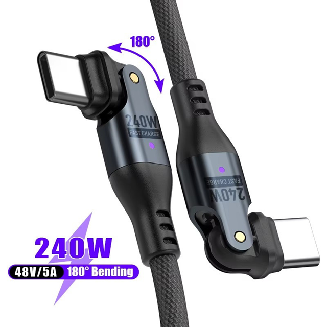 USB C to USB C Cable Data Fast Charging 240W 180° Rotatable 1.8m Nylon Braided (Black)