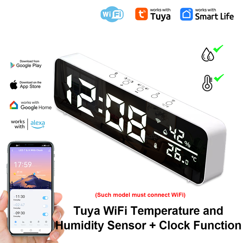 Smart Life Tuya WIFI Alarm Clock Time LED Display w/ Temperature & Humidity Sensor | 5V | White