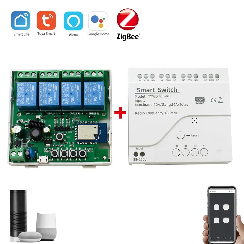 Smart Life Tuya Zigbee 4CH 5V or 7-32V Door Gate Garage Opener Inching Relay Module with RF433Mhz