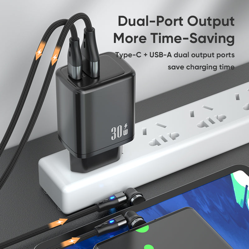 Dual‑Port 30W Fast Charger | Type‑C PD + USB‑A QC Wall Charger | Black
