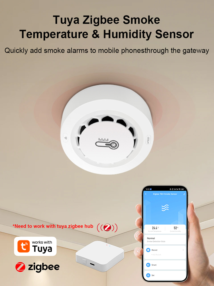 Smart Life Tuya Zigbee Smoke Temperature Humidity Detector Sensor w/ 80db Alarm Sound Speaker | 3V