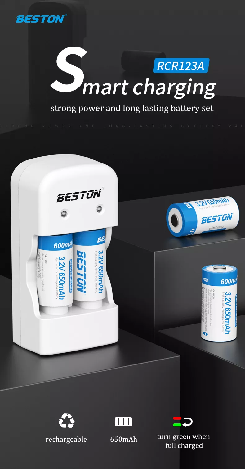 BESTON CR123A Rechargeable Lithium Battery | 16340 | 3.2V | 650mAh | 2 Pack