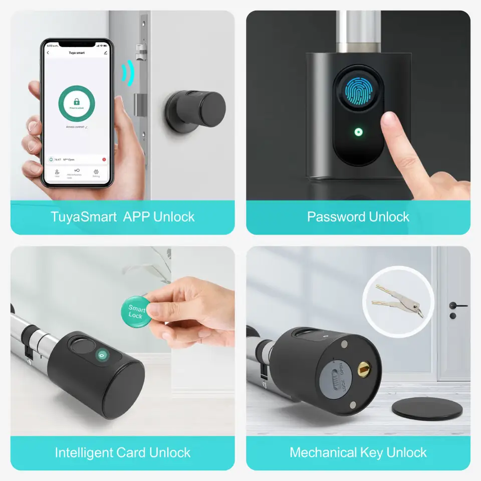 Smart Life Tuya Bluetooth Access Control Fingerprint Card Smart Key Cylinder Door Lock (Black)