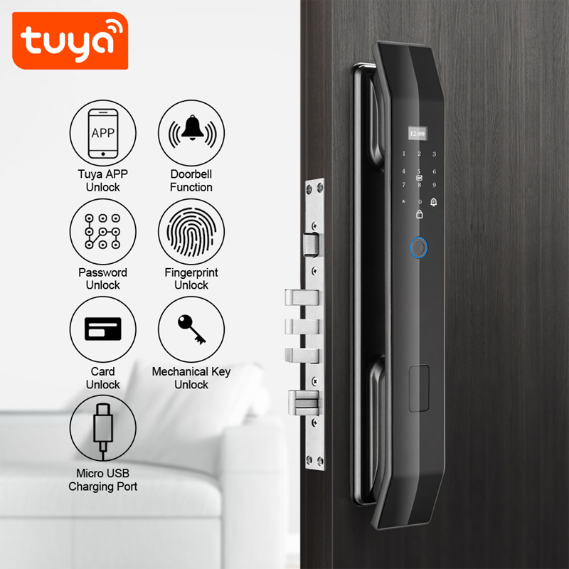 Smart Life Tuya WIFI Door Handle Fingerprint Keypad Card Doorbell Lock | D14 | Black