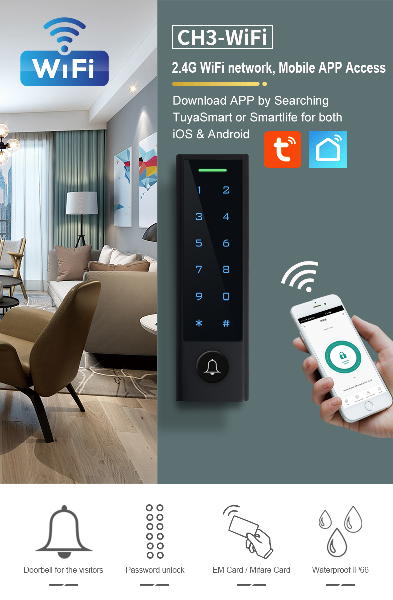 Smart Life Tuya WIFI Waterproof 12V Access Control Keypad Card Doorbell Door Gate Garage Motor CH3