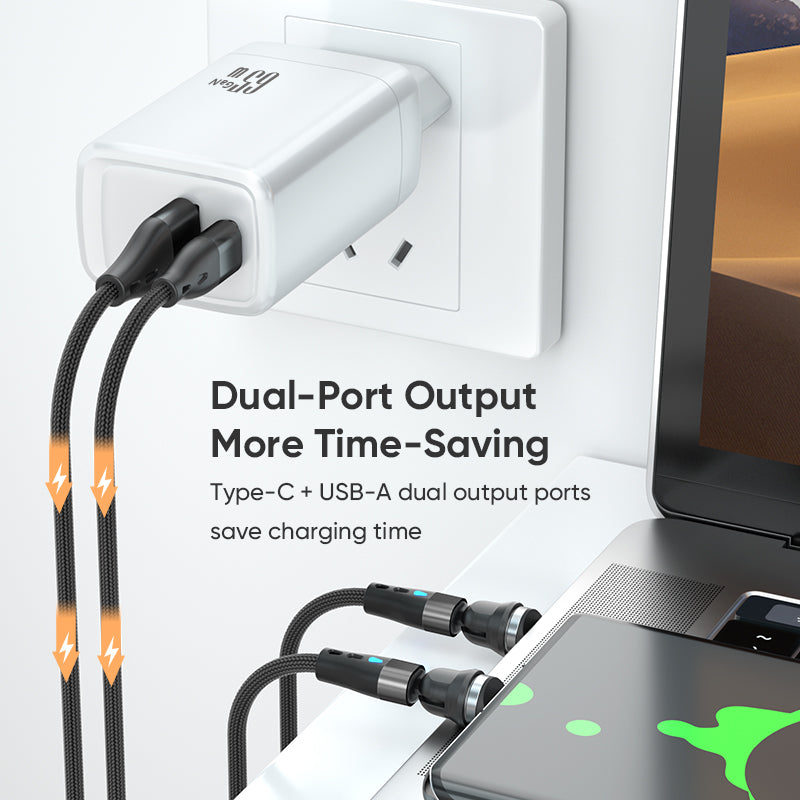 Dual‑Port 65W GaN Fast Charger | Type‑C PD + USB‑A QC Wall Charger | White