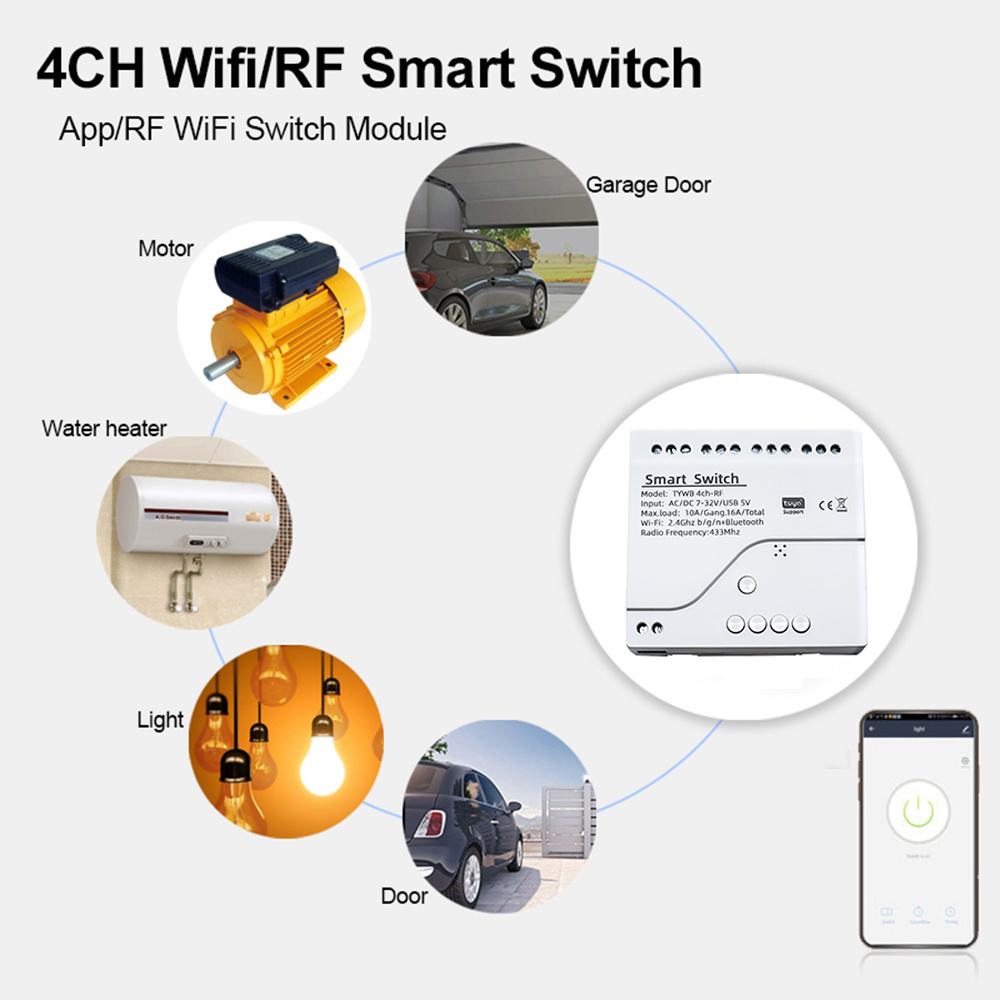 Smart Life Tuya WIFI 4CH 5V / 85-250V Door Gate Garage Opener Inching Relay Module w/ RF433Mhz