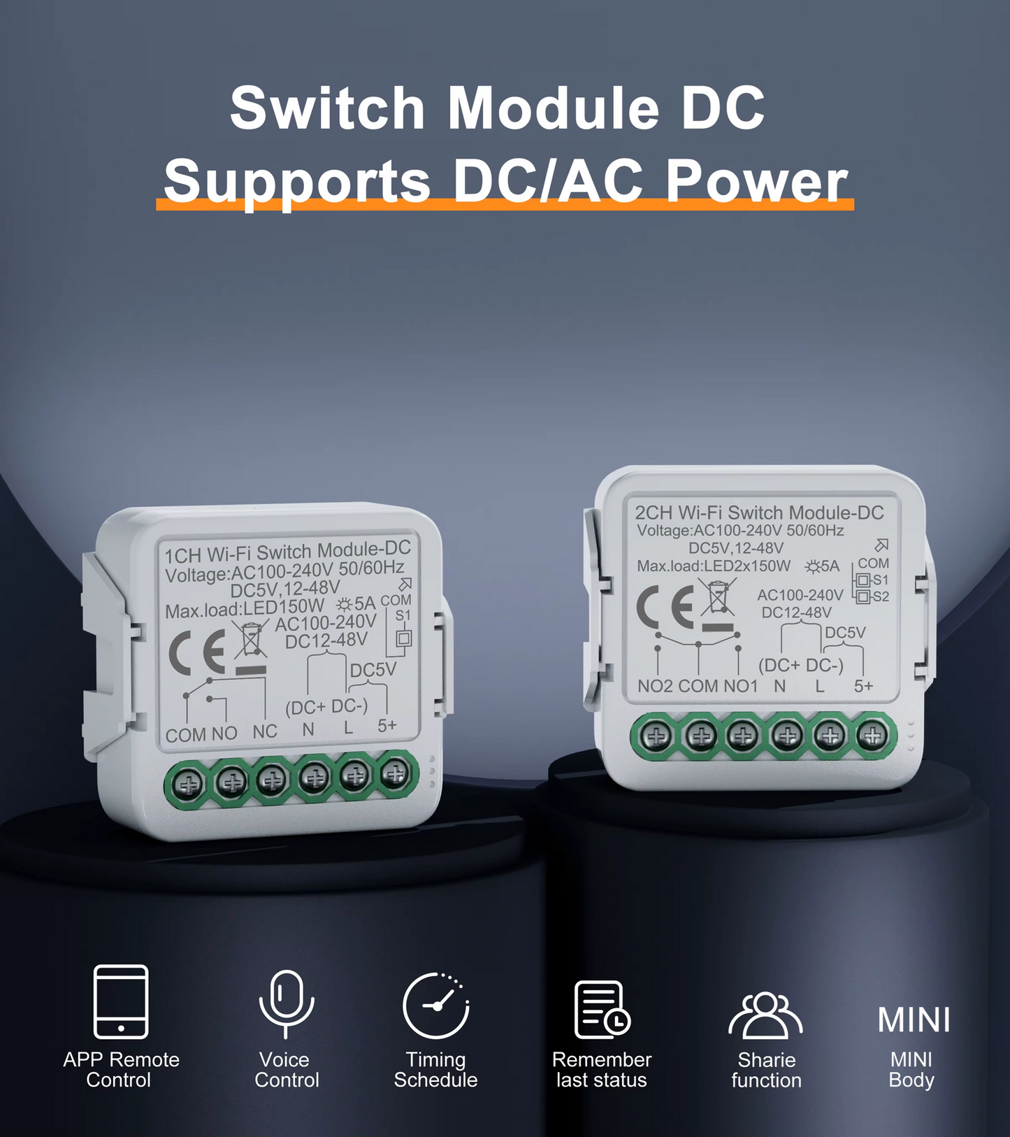 Smart Life Tuya WIFI 1CH 150W LED Light / 5A 1000W Appliance Neutral Mini AC/DC Switch | Dry Contact