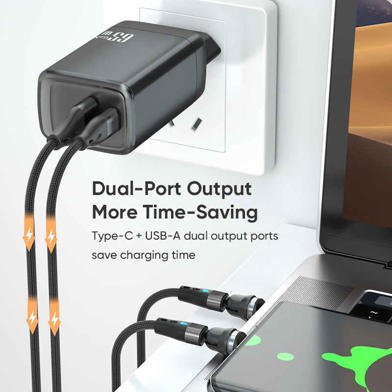 Dual‑Port 65W GaN Fast Charger | Type‑C PD + USB‑A QC Wall Charger | Black