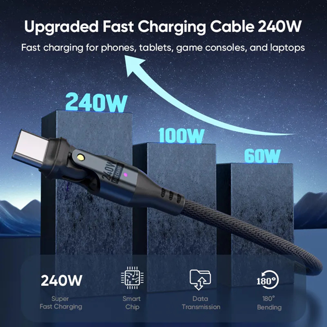 USB C to USB C Cable Data Fast Charging 240W 180° Rotatable 1.8m Nylon Braided (Black)